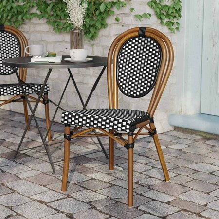 Flash Furniture Lourdes Thonet French Bistro Stacking Chair, Black and White PE Rattan and Bamboo Print Alum Frame SDA-AD642002S-BKWH-NAT-GG